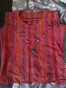 Embroidered Red Cotton Kurta