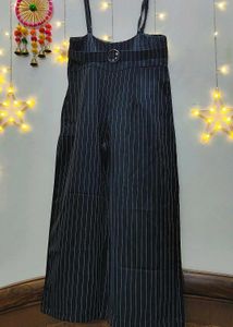Pinstripe Wide-Leg Pants with Suspenders