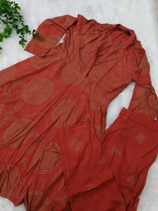 Rust Orange Kurta Set with Gold Print