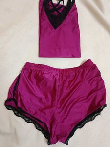 Lace Trimmed Satin shorts set