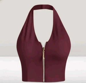 Maroon Halter Neck Zip Crop Top