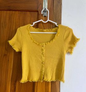 Mustard Yellow Ribbed Lettuce-Hem Knit Top