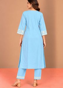 Sky Blue Embroidered Cotton Kurta Set