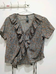 brown colour wrap top with ruffle neck for women