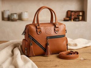 Stylish Brown Leather Handbag with Tassels
