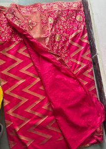 Pink Silk Saree with Golden Zigzag