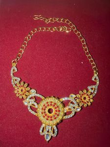 Elegant Gold Necklace with Red & White Stones