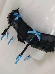 Lacy Black Garter Belt with Blue Bows