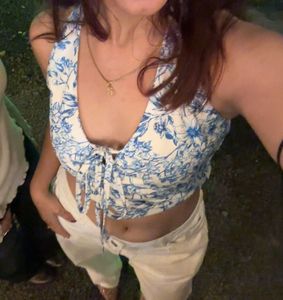 Blue Floral Tie-Front Crop Top