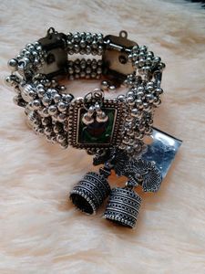 Peacock Jhumka Earrings and oxidised bangle