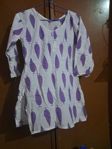 White Kurta with Purple Leaf Print