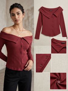 Off-Shoulder Ribbed Top with Collar