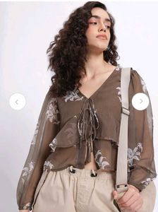 Brown Sheer Floral Tie-Front Top