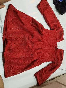 Red Crochet Bell Sleeve Top