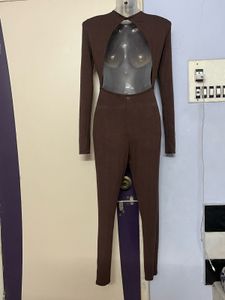 PrettyLittleThings Brown Ribbed Long Sleeve Jumpsu