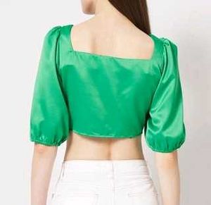 Green Satin Cropped Puff Sleeve Top