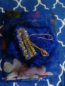 Elegant Floral &amp; Embellished Blue Saree