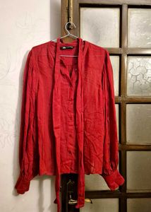 Red Zara Button-Up Blouse with Tie