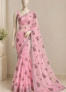 Organza bouquet Pink Embroidered  Saree