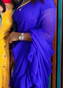 Elegant Royal Blue Ruffle Saree with stitched blou