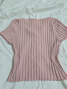 Cute Pink Ribbed Button-Up Top