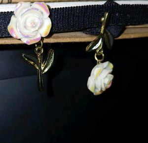 Iridescent White Rose Asymmetric Drop Earrings