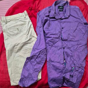 Men's Purple Slim Fit Shirt &amp; Beige Trousers