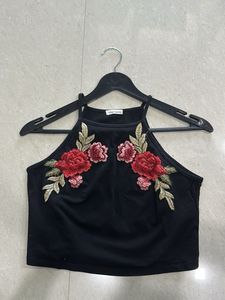 Black floral embroidered halter top