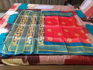 tomato red+ rama colour cotton blend sari with blo