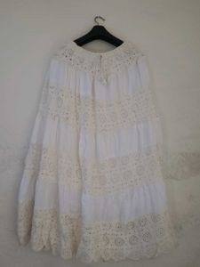 Bohemian White Eyelet Heavy Lace Tiered Maxi Skirt