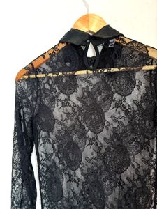 Elegant Sheer Black Lace Collared Dress