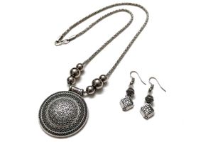 Boho Silver-Tone Pendant Necklace & Earrings Set