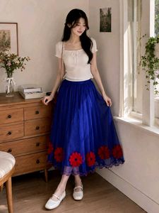 Blue Net Flowy Skirt | Floral Design