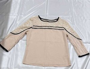 Women's Beige Crochet Sleeve Top