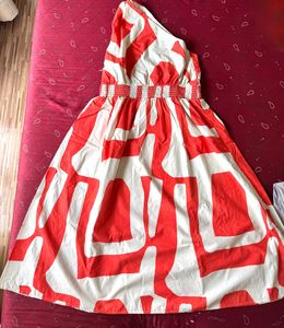 One Shoulder Orange & White Print Dress