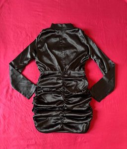 Black Satin Ruched Partywear Mini Dress