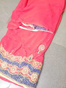 Elegant Pink Embroidered Saree with stitched blous