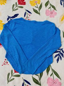 Blue Ribbed Cropped Henley Top