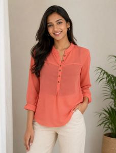 Sheer Coral Button-Up Tunic Top