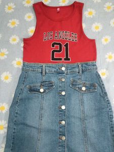 Los Angeles 21 Tank Top &amp; Denim Skirt Set