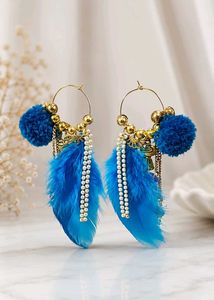 Bohemian Blue Feather & Pom Earring