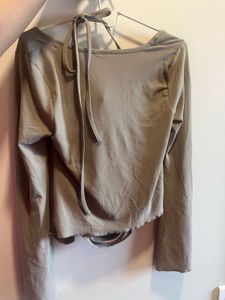Grey Ruched Bell Sleeve Crop Top