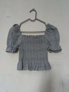 Grey Plaid Smocked Puff Sleeve Top