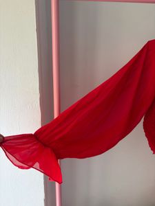Red Sheer Sleeve Ruched Top