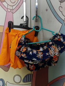 Floral Blue Crop Top And Orange Shorts