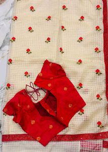 Cream Floral Embroidered Saree with Red Blouse