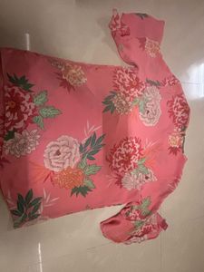 Pink Floral Print Top with Flutter Bell Sleeves -