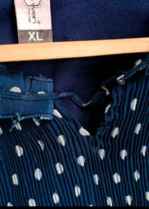 Navy Polka Dot Pleated Midi Dress