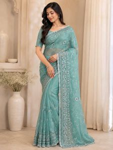Elegant Sea Green Embroidered Saree