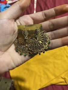 Golden chandbali with green small pearls